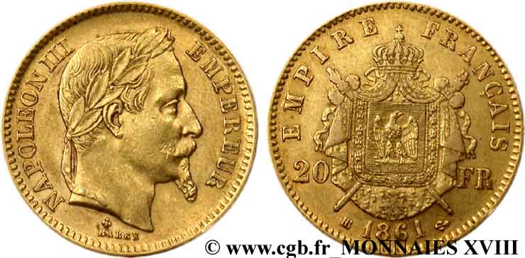 20 francs or Napoléon III, tête laurée 1861 Strasbourg F.532/2 SS 