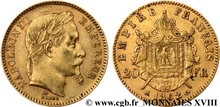 20 francs or Napoléon III, tête laurée 1862 Paris F.532/3 XF 