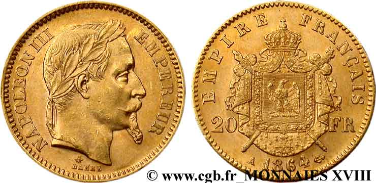 20 francs or Napoléon III, tête laurée 1864 Paris F.532/8 VZ 