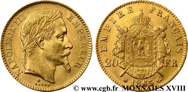 20 francs or Napoléon III, tête laurée 1865 Strasbourg F.532/12 XF 