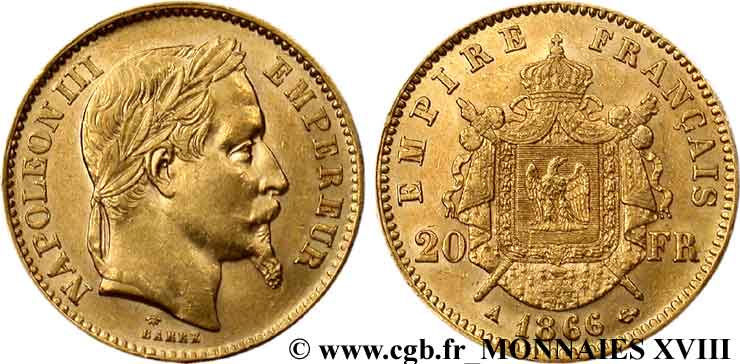 20 francs or Napoléon III, tête laurée 1866 Paris F.532/13 MBC 