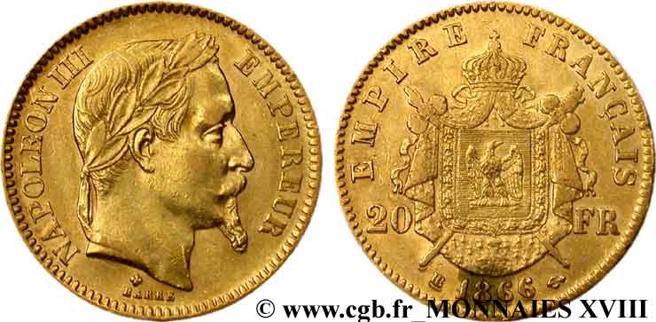 20 francs or Napoléon III, tête laurée, frappe tréflée 1866 Strasbourg F.532/14 SS 