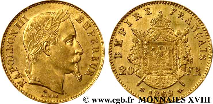 20 francs or Napoléon III, tête laurée 1869 Strasbourg F.532/21 SUP 