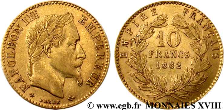 10 francs or Napoléon III, tête laurée 1862 Paris F.507A/1 SS 
