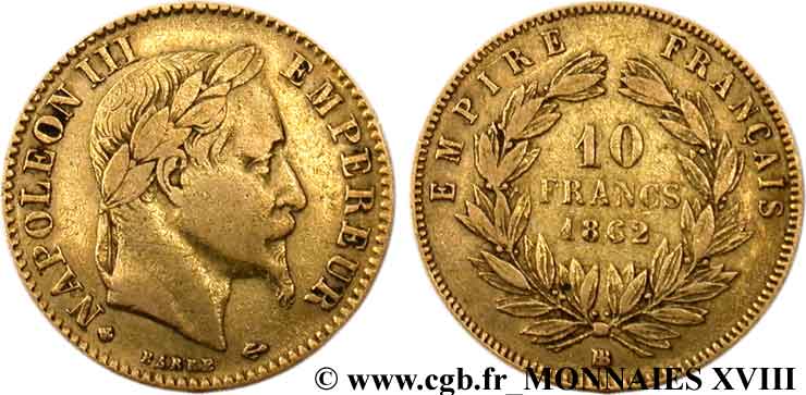 10 francs or Napoléon III, tête laurée 1862 Strasbourg F.507/2 VF 