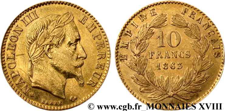 10 francs or Napoléon III, tête laurée 1863 Paris F.507A/3 XF 