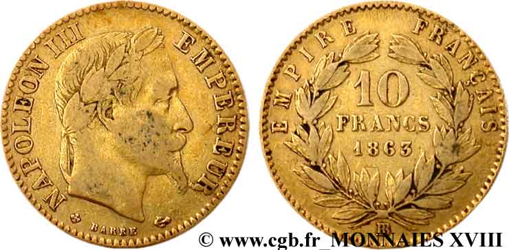 10 francs or Napoléon III, tête laurée 1863 Strasbourg F.507A/5 S 