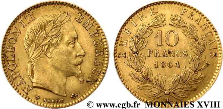 10 francs or Napoléon III, tête laurée 1864 Strasbourg F.507A/7 MBC 