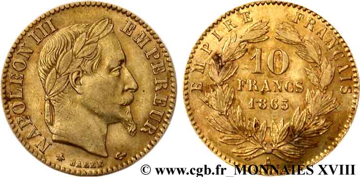 10 francs or Napoléon III, tête laurée 1865 Paris F.507A/9 MBC 
