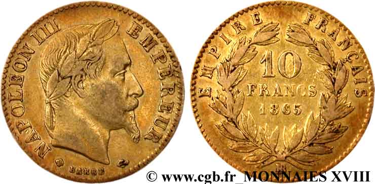 10 francs or Napoléon III, tête laurée 1865 Strasbourg F.507A/11 SS 