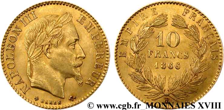 10 francs or Napoléon III, tête laurée 1866 Strasbourg F.507A/14 TTB 