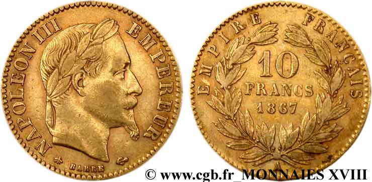10 francs or Napoléon III, tête laurée 1867 Paris F.507A/15 BB 