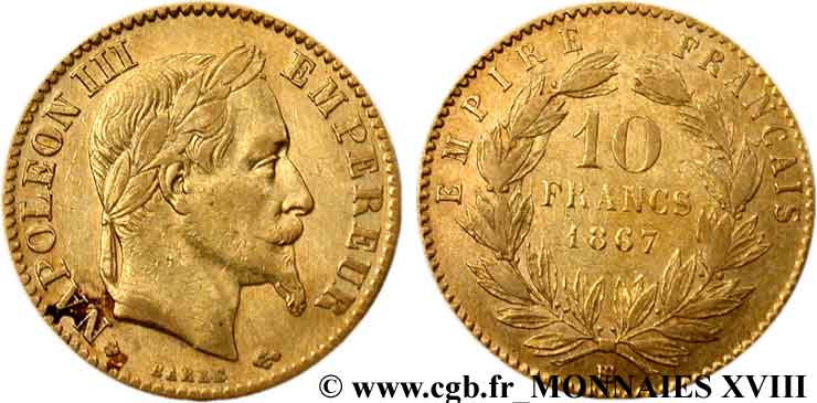 10 francs or Napoléon III, tête laurée 1867 Strasbourg F.507A/16 BB 