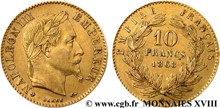 10 francs or Napoléon III, tête laurée 1868 Strasbourg F.507A/18 BB 