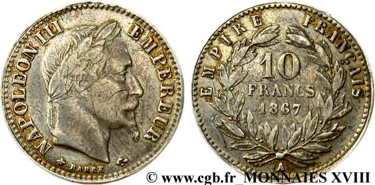 Faux 10 francs or Napoléon III, tête laurée, en platine 1867 Paris F.507A/15 MB 
