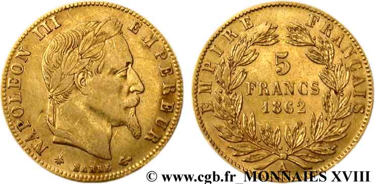 5 francs or Napoléon III, tête laurée 1862 Paris F.502/1 S 