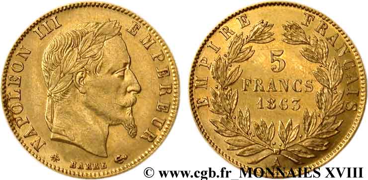 5 francs or Napoléon III, tête laurée 1863 Paris F.502/3 BB 