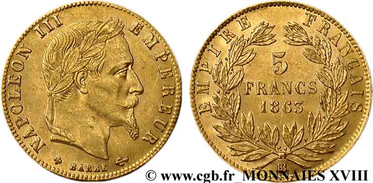 5 francs or Napoléon III, tête laurée 1863 Strasbourg F.502/4 AU 