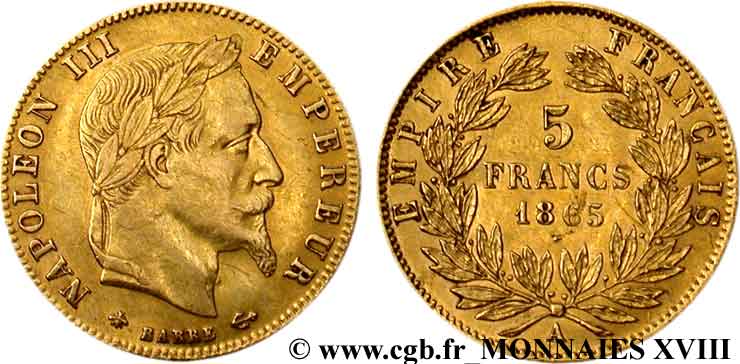 5 francs or Napoléon III, tête laurée 1865 Paris F.502/7 XF 