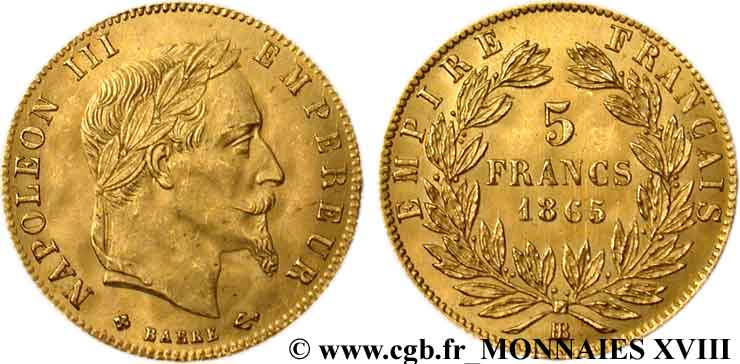 5 francs or Napoléon III, tête laurée 1865 Strasbourg F.502/8 SUP 