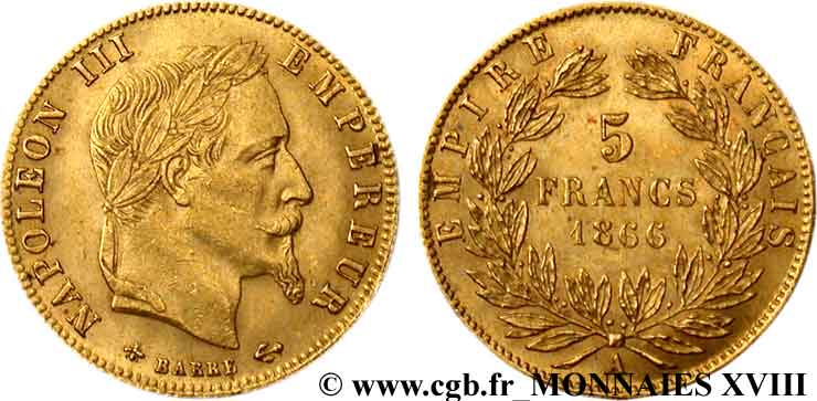 5 francs or Napoléon III, tête laurée 1866 Paris F.502/9 SPL 