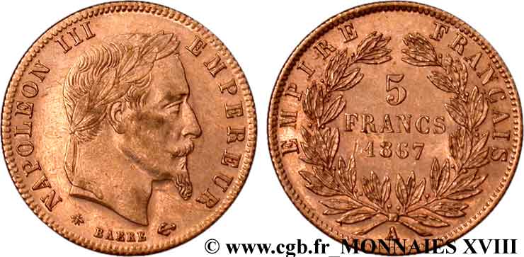 5 francs or Napoléon III, tête laurée 1867 Paris F.502/11 EBC 
