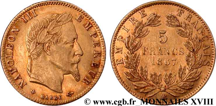 5 francs or Napoléon III, tête laurée 1867 Strasbourg F.502/12 BB 
