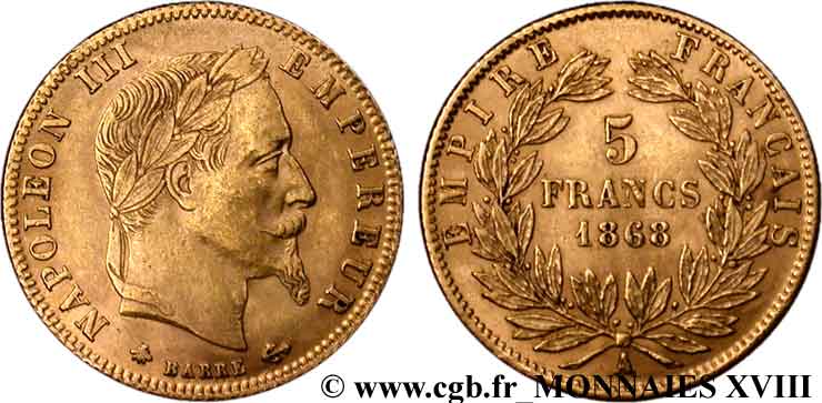 5 francs or Napoléon III, tête laurée 1868 Paris F.502/13 SS 