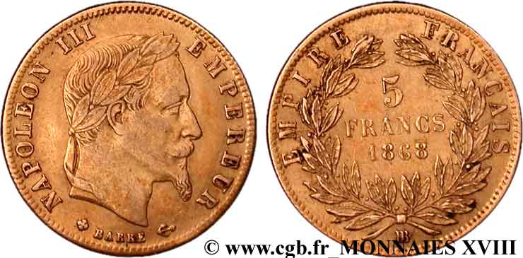 5 francs or Napoléon III, tête laurée 1868 Strasbourg F.502/14 SS 
