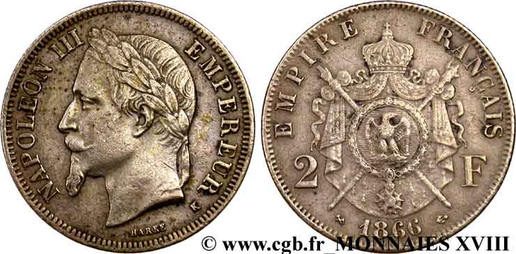 2 francs Napoléon III, tête laurée  1866 Bordeaux F.263/4 TTB 