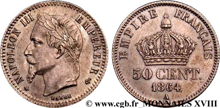 50 centimes Napoléon III, tête laurée 1864 Paris F.188/2 SPL 