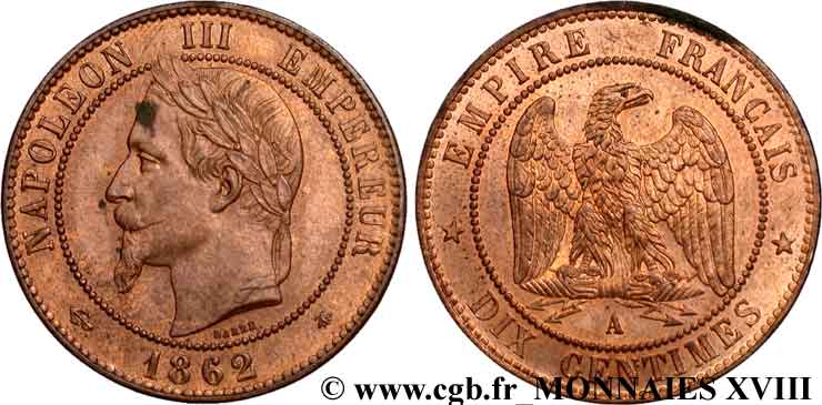 10 centimes Napoléon III, tête laurée 1862 Paris F.134/7 SPL 