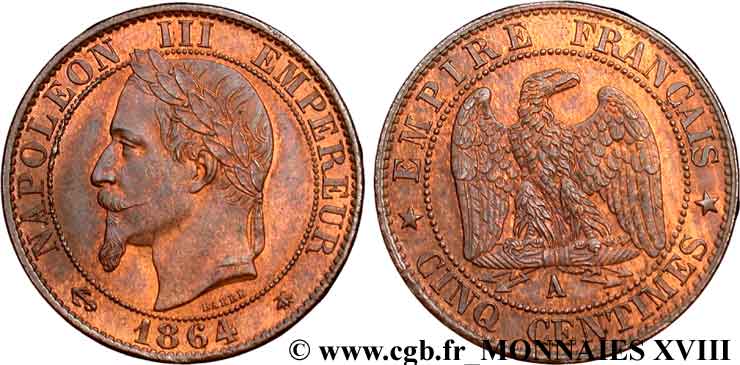 Cinq centimes Napoléon III, tête laurée 1864 Paris F.117/13 SC 