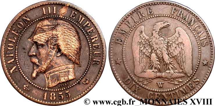 Monnaie satirique, module de 10 centimes, regravée et blanchie 1855 Lille F.133/32 BB 