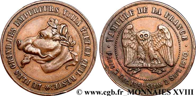 Monnaie satirique, module de 10 centimes à la tête de cochon 1870  Coll.41  EBC 