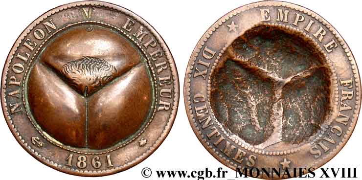 Monnaie satirique, module de 10 centimes, regravée d’une scène érotique 1861 Paris F.134/4 SS 