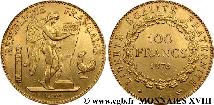 100 francs génie, tranche inscrite en relief Dieu protège la France 1878 Paris F.552/1 TTB 