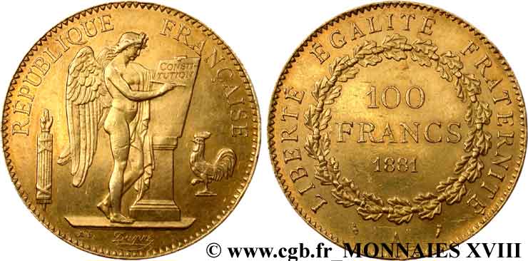 100 francs or Génie, tranche inscrite en relief Dieu protège la France 1881 Paris F.552/4 AU 