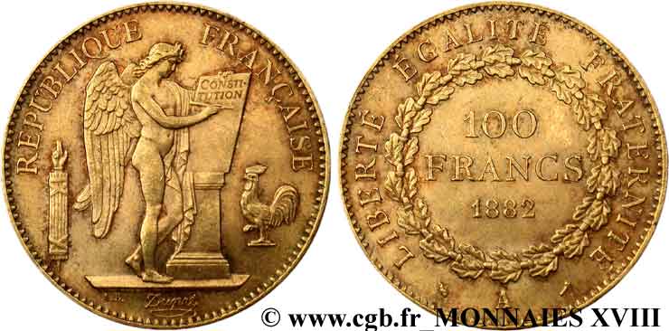 100 francs génie, tranche inscrite en relief Dieu protège la France 1882 Paris F.552/5 EBC 