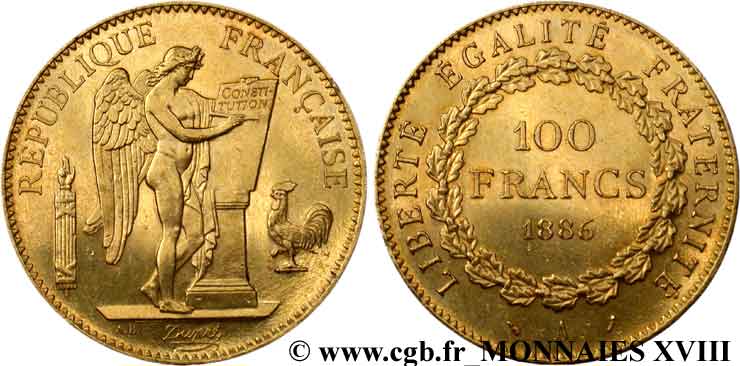 100 francs génie, tranche inscrite en relief Dieu protège la France 1886 Paris F.552/7 SUP 
