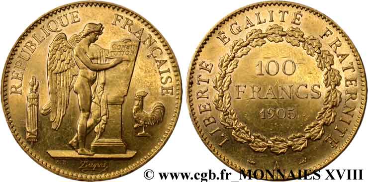 100 francs génie tranche inscrite en relief Dieu protège la France 1905 Paris F.552/18 AU 