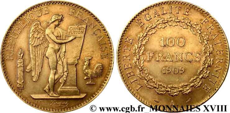 100 francs génie, tranche inscrite en relief Dieu protège la France 1909 Paris F.553/3 SUP 