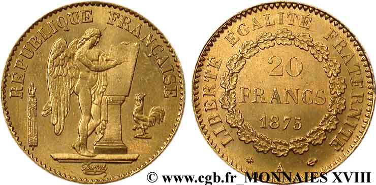 20 francs génie, Troisième république 1875 Paris F.533/3 SUP 