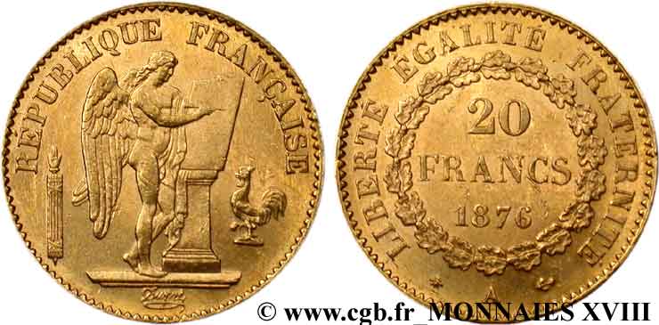 20 francs génie, Troisième république 1876 Paris F.533/4 SPL 