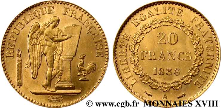 20 francs génie, Troisième république 1886 Paris F.533/9 SPL 