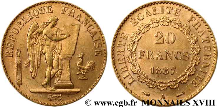 20 francs génie, Troisième république 1887 Paris F.533/10 VZ 