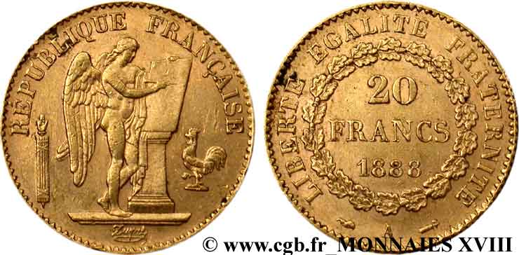 20 francs génie, Troisième république 1888 Paris F.533/11 TTB 