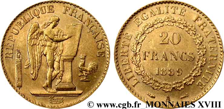 20 francs génie, Troisième république 1889 Paris F.533/12 AU 