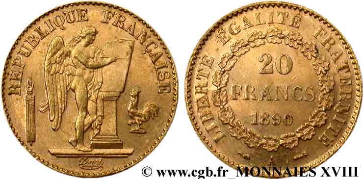 20 francs génie, Troisième république 1890 Paris F.533/14 AU 
