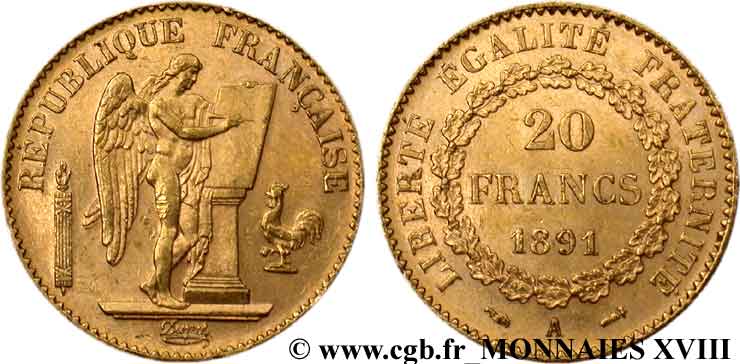 20 francs génie, Troisième république 1891 Paris F.533/15 AU 